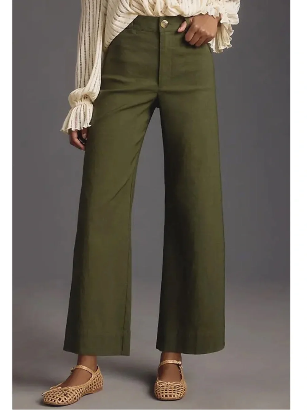 Maeve Anthropologie Ettie High-Rise Crop Wide-Leg Pants Green Size 34 Linen Boho - Picture 9 of 11